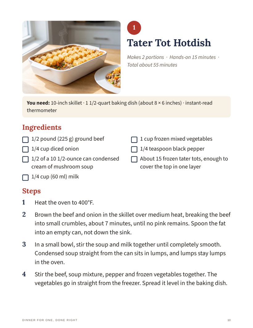 Recipe page for Tater Tot Hotdish showing a photo, the equipment list, ingredients with check boxes and numbered steps