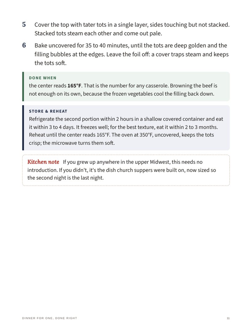 Second page of the recipe showing the Done when box, the Store and reheat box and a kitchen note